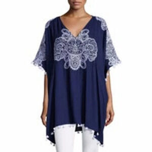 Nanette Lepore Embroidered Kaftan Top XS Blue & White 14422